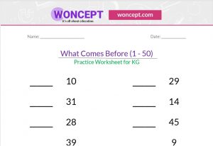 Kindergarten worksheet what comes before 1-50