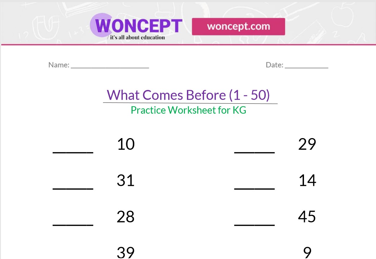 what comes before 1 50 kindergarten practice worksheet woncept