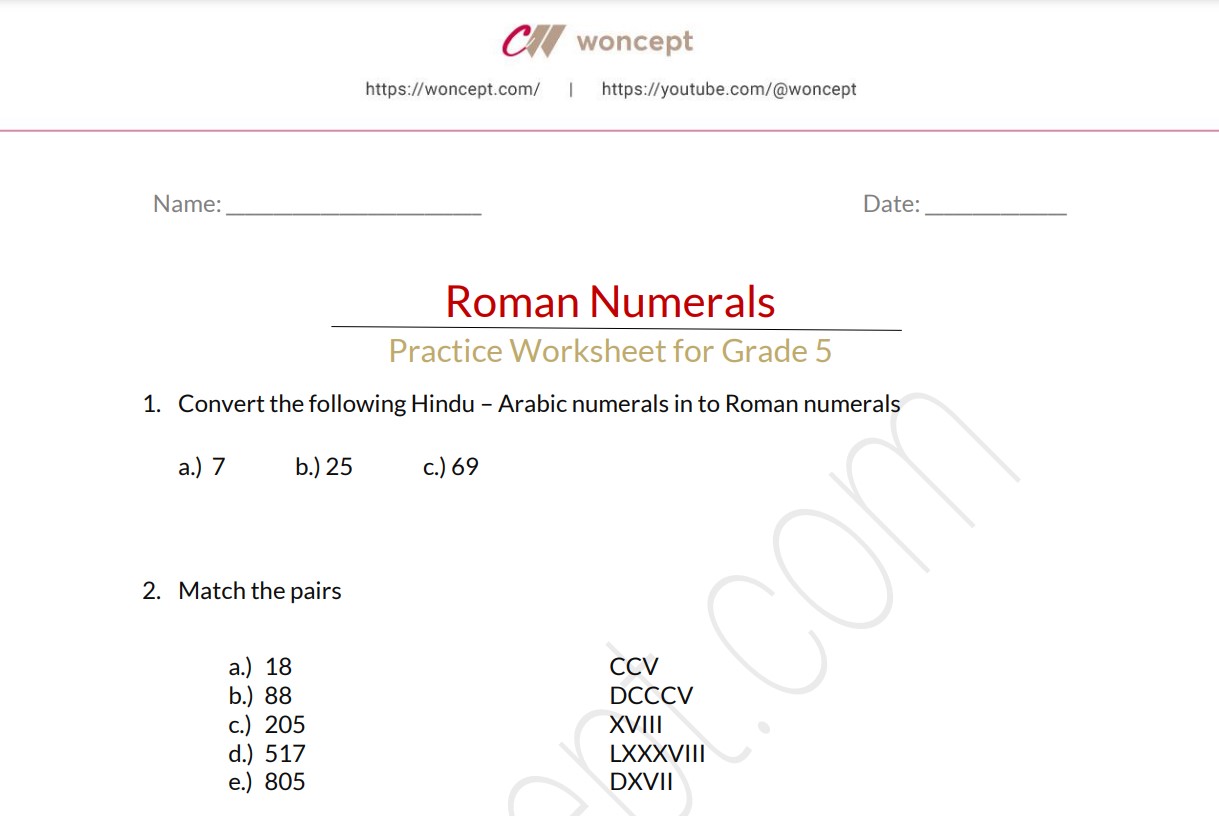 Roman Numerals Practice Worksheet For Grade 5 Mathematics Woncept